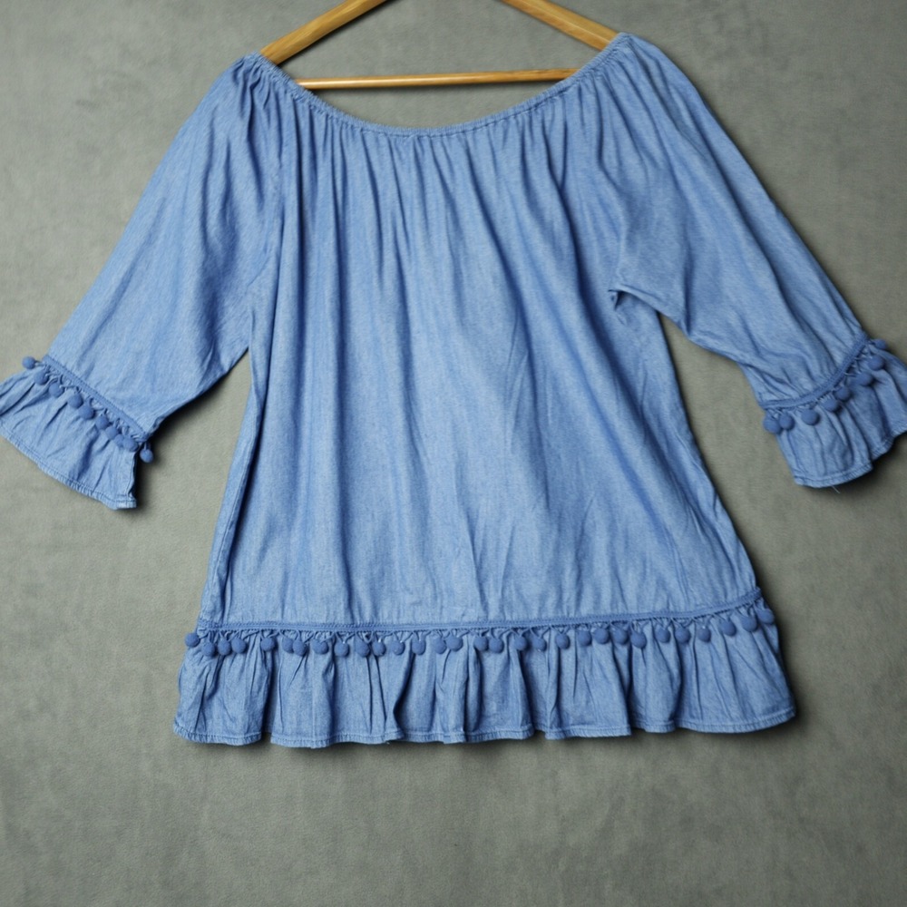 HESTER & ORCHARD  Blue Denim 3/4 Sleeve Tunic Shirt Top‎ with trim  Blouse M